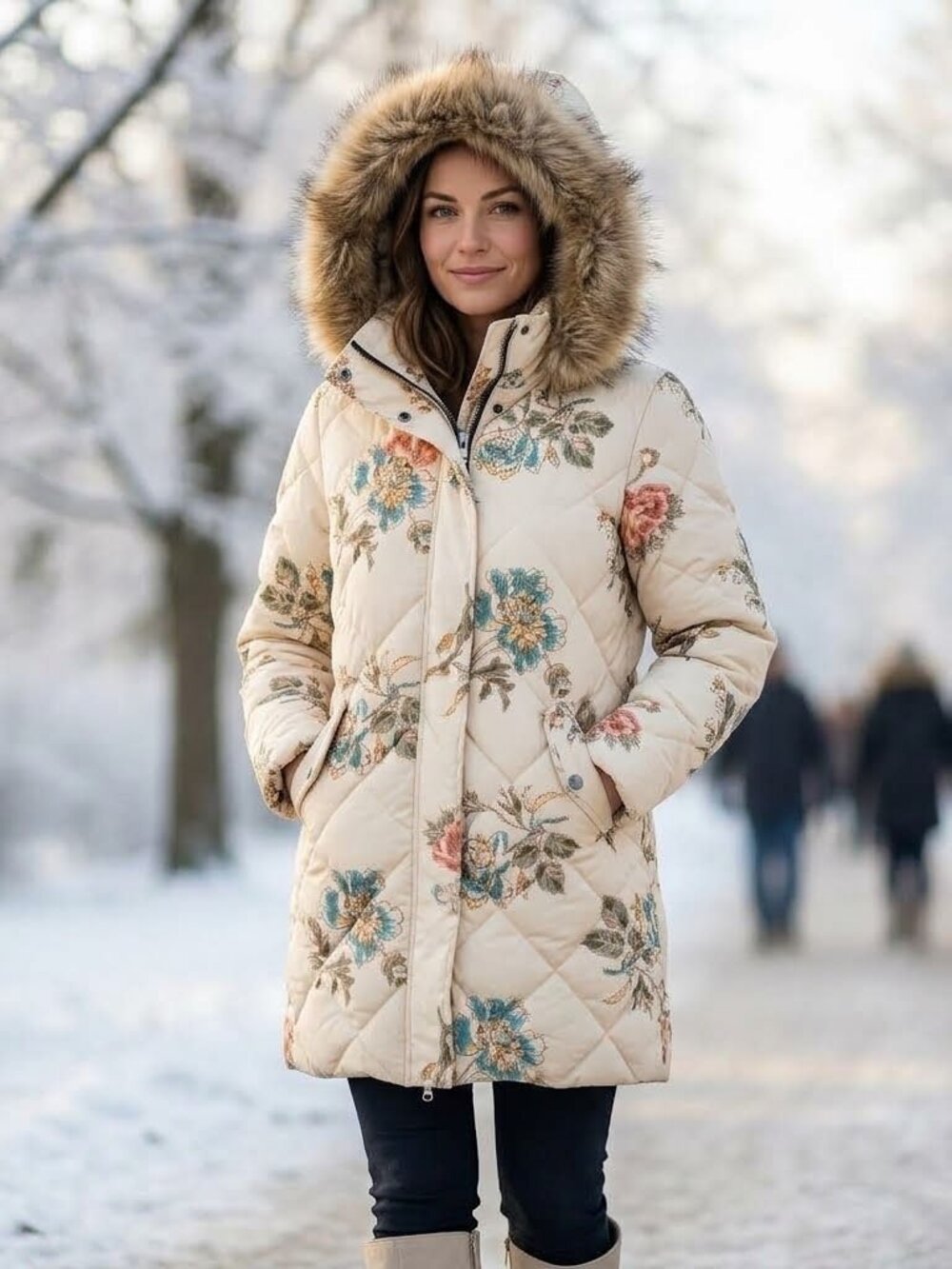 Sundance Artful Arrangement Floral Puffer Jacket Down Filled Faux Fur Hood XS